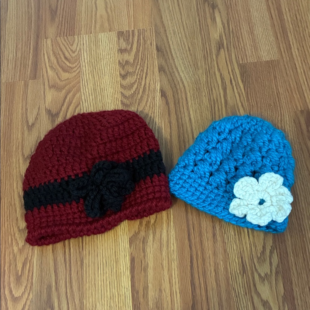 Handmade Kids Crochet Beanie Set - Red and Blue